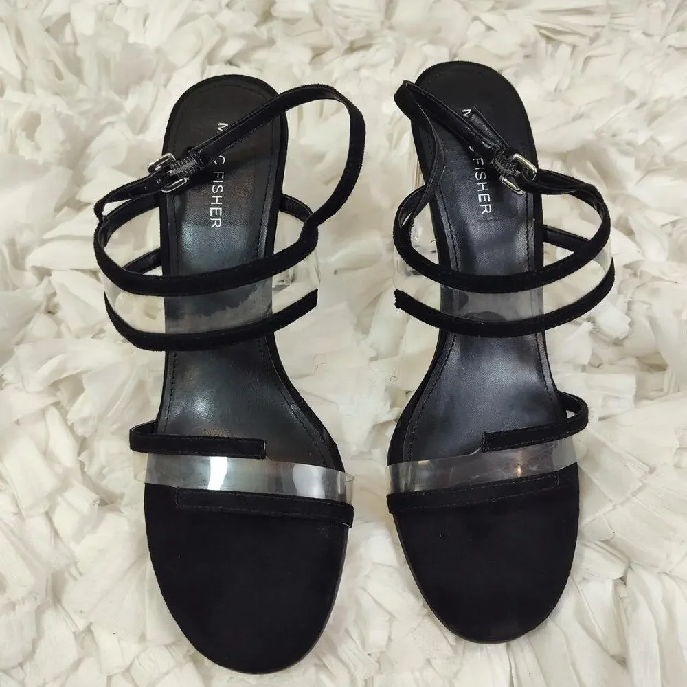 Marc Fisher Shoes Womens Size 9 Black Strappy Sandals Clear Lucite Block Heel